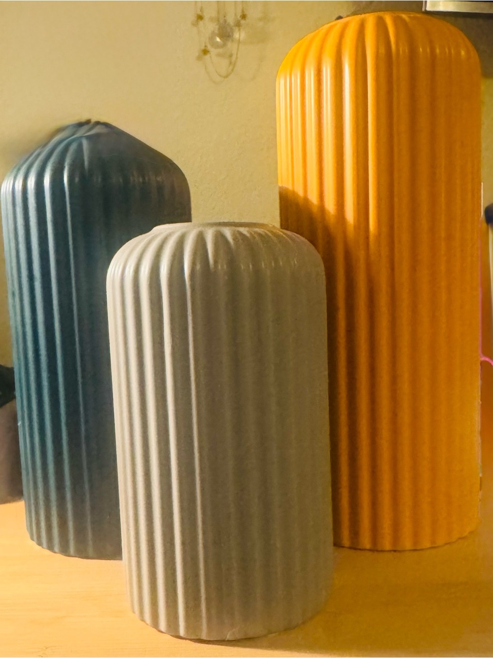 Modern Ribbed Ceramic Vase Trio - Mustard, Teal, Gray